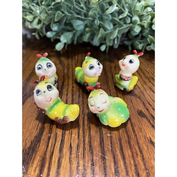 Vintage 80's Five Anthropomorphic Caterpillar Figurines Made in Hong Kong